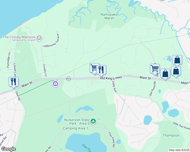 map of restaurants, bars, coffee shops, grocery stores, and more near 3655 Main Street in Brewster