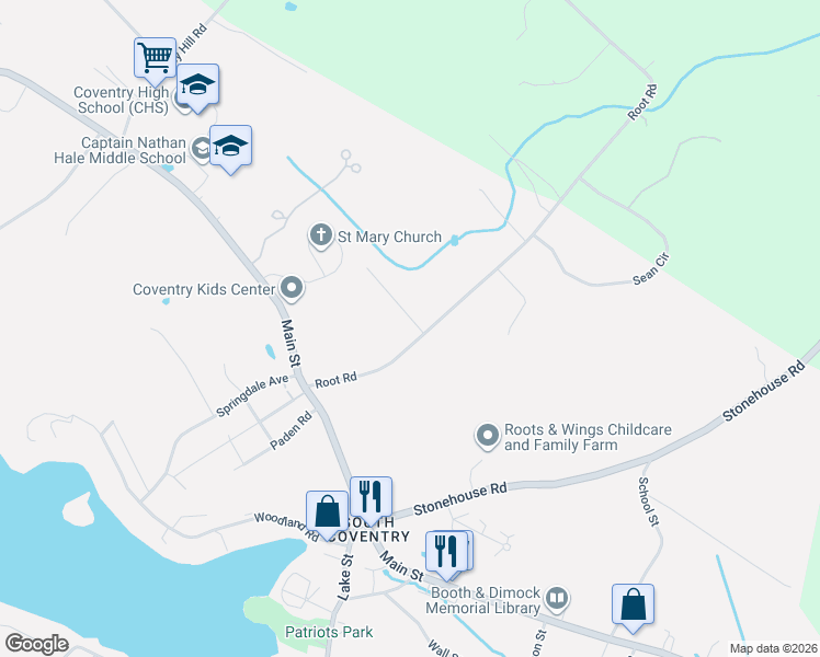 map of restaurants, bars, coffee shops, grocery stores, and more near 145 Root Road in Coventry