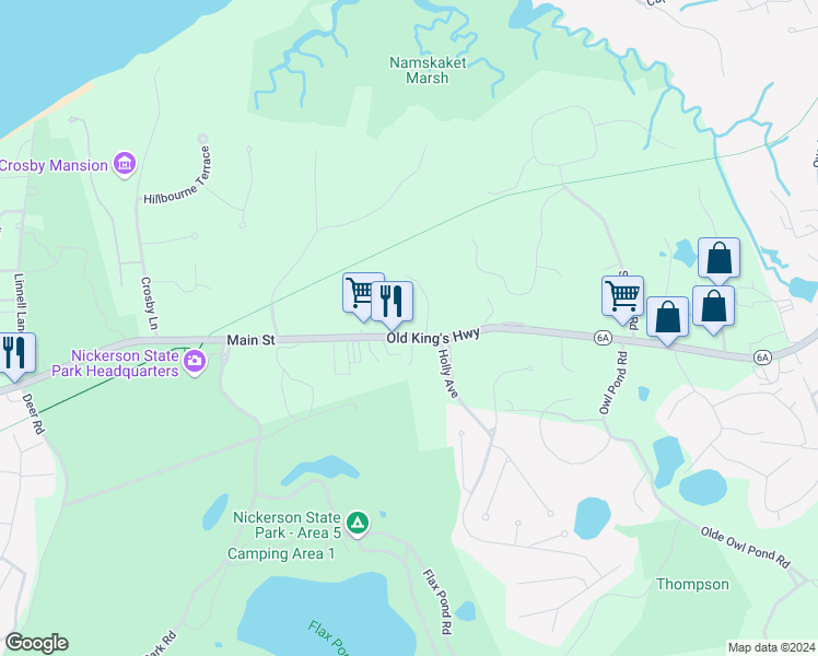 map of restaurants, bars, coffee shops, grocery stores, and more near 3671 Main Street in Brewster