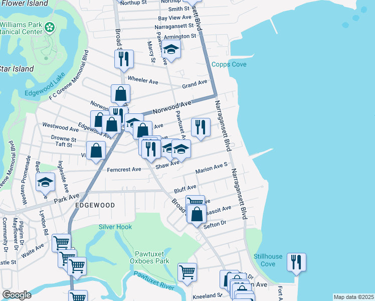 map of restaurants, bars, coffee shops, grocery stores, and more near 107 Columbia Avenue in Cranston