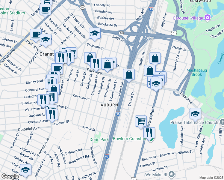 map of restaurants, bars, coffee shops, grocery stores, and more near 156 Woodbine Street in Cranston