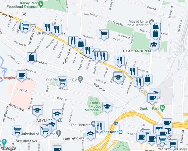 map of restaurants, bars, coffee shops, grocery stores, and more near 29 Bedford Street in Hartford