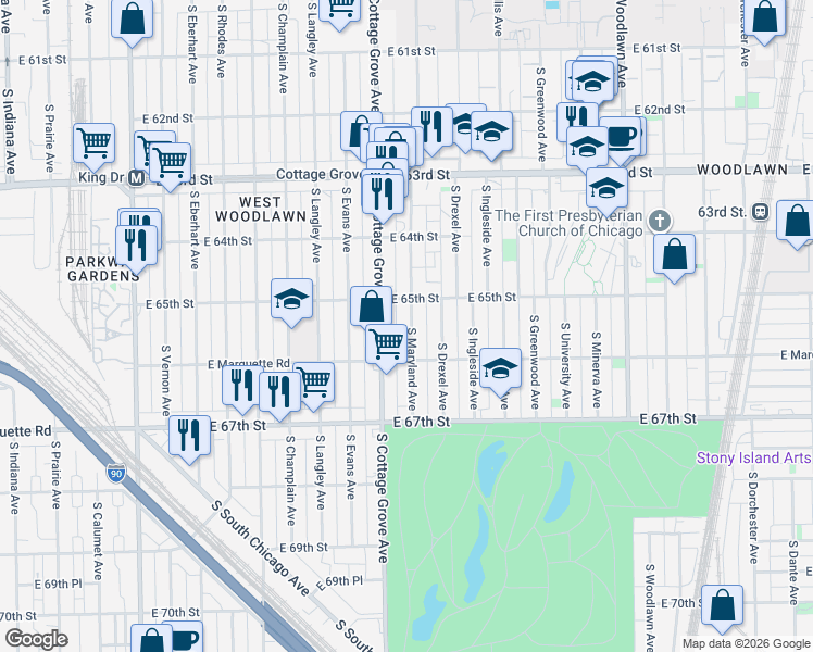 map of restaurants, bars, coffee shops, grocery stores, and more near 6509 South Maryland Avenue in Chicago