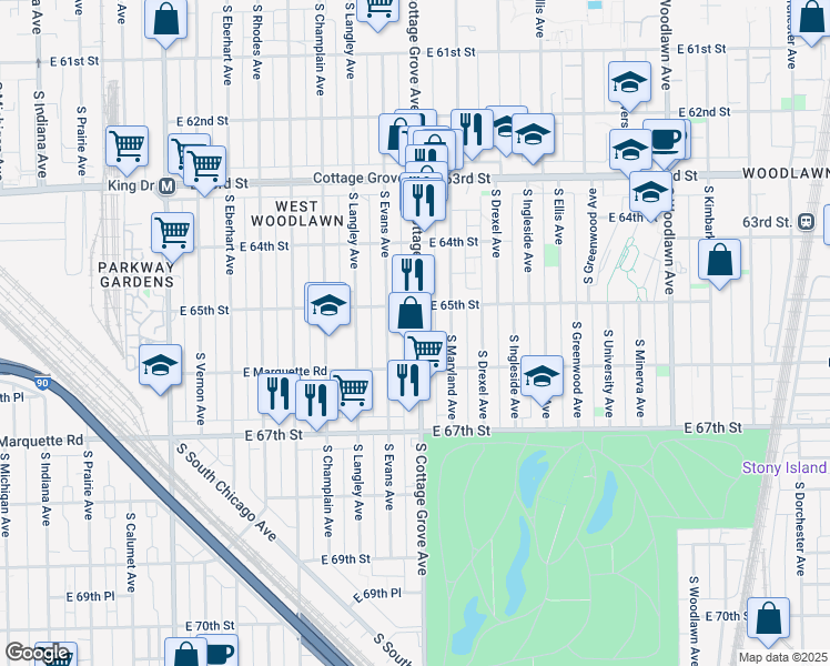 map of restaurants, bars, coffee shops, grocery stores, and more near 6502 South Cottage Grove Avenue in Chicago