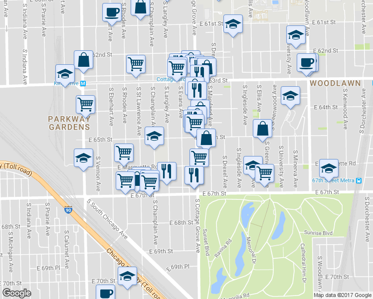 map of restaurants, bars, coffee shops, grocery stores, and more near 6502 South Cottage Grove Avenue in Chicago