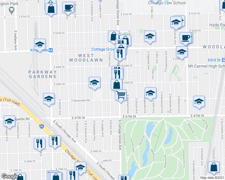 map of restaurants, bars, coffee shops, grocery stores, and more near 6506 South Evans Avenue in Chicago