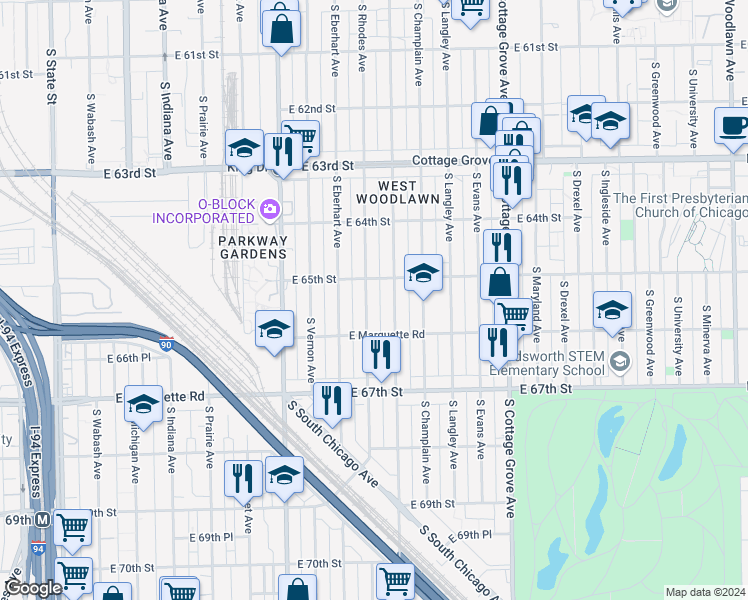 map of restaurants, bars, coffee shops, grocery stores, and more near 6502 South Rhodes Avenue in Chicago