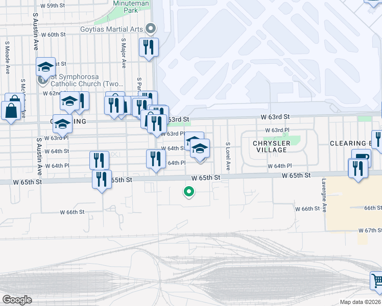 map of restaurants, bars, coffee shops, grocery stores, and more near 5458 West 64th Street in Chicago