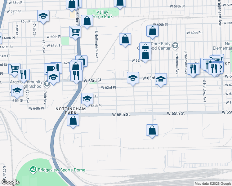 map of restaurants, bars, coffee shops, grocery stores, and more near 7013 West 63rd Place in Chicago