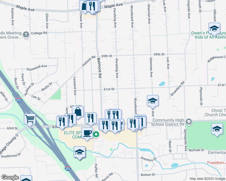 map of restaurants, bars, coffee shops, grocery stores, and more near 6018 Pershing Avenue in Downers Grove