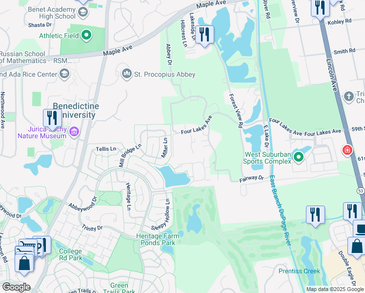 map of restaurants, bars, coffee shops, grocery stores, and more near 5907 Meadow Drive in Lisle