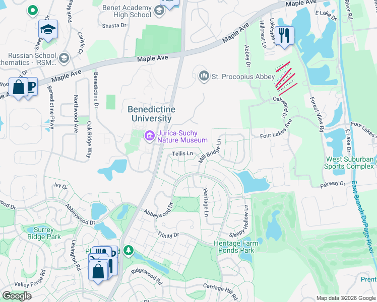 map of restaurants, bars, coffee shops, grocery stores, and more near 2140 Tellis Lane in Lisle