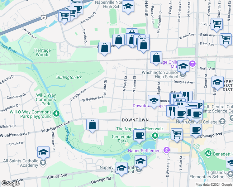 map of restaurants, bars, coffee shops, grocery stores, and more near 55 North West Street in Naperville