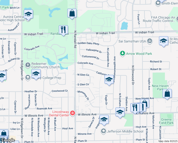 map of restaurants, bars, coffee shops, grocery stores, and more near 1295 California Avenue in Aurora