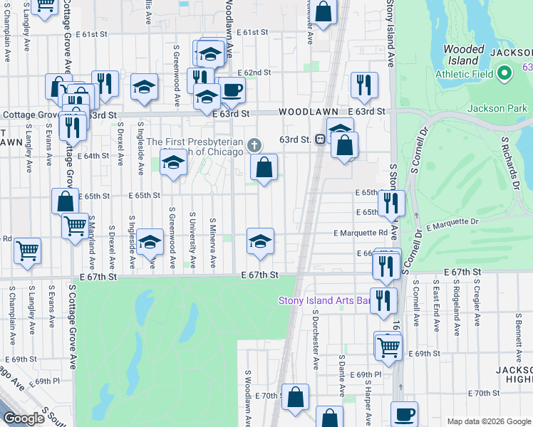 map of restaurants, bars, coffee shops, grocery stores, and more near 6527 South Kimbark Avenue in Chicago