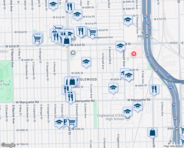 map of restaurants, bars, coffee shops, grocery stores, and more near 629 West 65th Street in Chicago