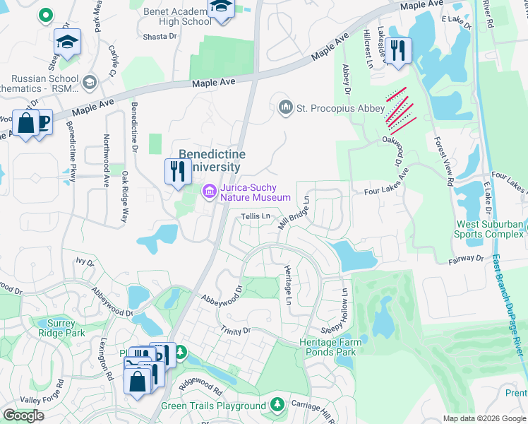 map of restaurants, bars, coffee shops, grocery stores, and more near 2140 Tellis Lane in Lisle