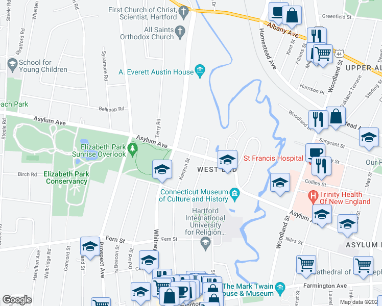map of restaurants, bars, coffee shops, grocery stores, and more near 1366 Asylum Avenue in Hartford