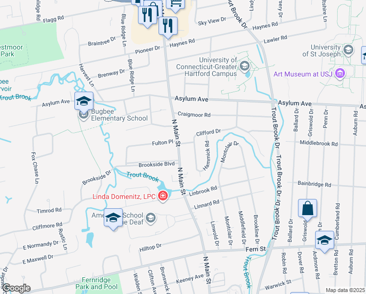 map of restaurants, bars, coffee shops, grocery stores, and more near 208 North Main Street in West Hartford