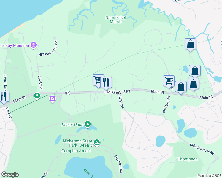 map of restaurants, bars, coffee shops, grocery stores, and more near 3671 Main Street in Brewster