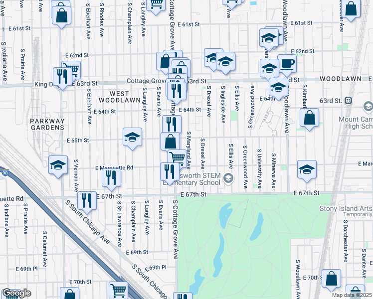 map of restaurants, bars, coffee shops, grocery stores, and more near 6509 South Maryland Avenue in Chicago