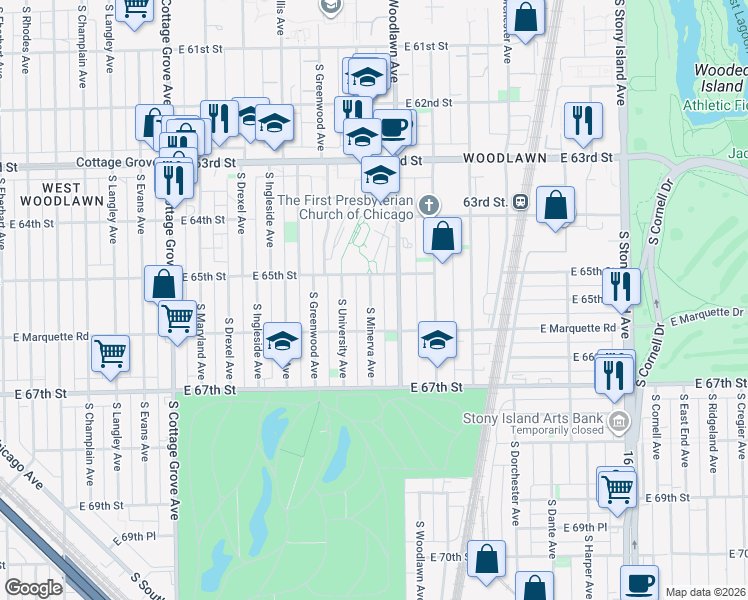 map of restaurants, bars, coffee shops, grocery stores, and more near 6527 South Minerva Avenue in Chicago