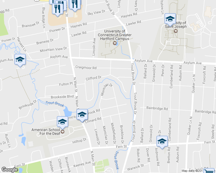 map of restaurants, bars, coffee shops, grocery stores, and more near 105 Montclair Drive in West Hartford