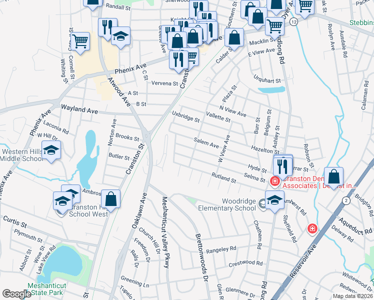 map of restaurants, bars, coffee shops, grocery stores, and more near 227 Hyde Street in Cranston
