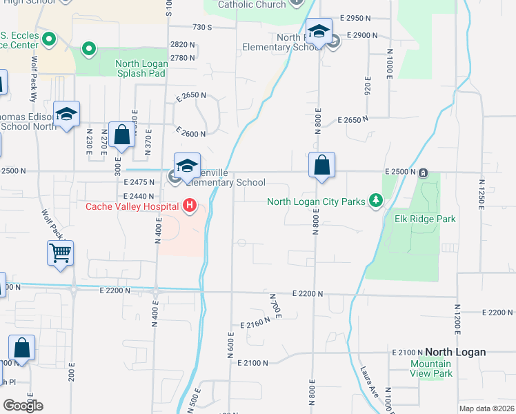 map of restaurants, bars, coffee shops, grocery stores, and more near 650 East 2450 North in North Logan