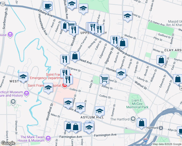 map of restaurants, bars, coffee shops, grocery stores, and more near 222 1/2 Sargeant Street in Hartford