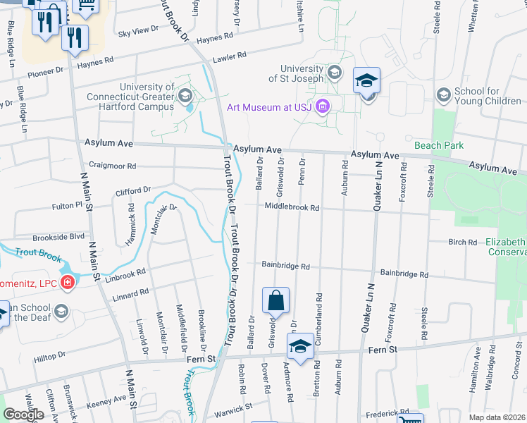 map of restaurants, bars, coffee shops, grocery stores, and more near 110 Middlebrook Road in West Hartford