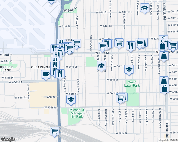 map of restaurants, bars, coffee shops, grocery stores, and more near 4539 West 64th Street in Chicago