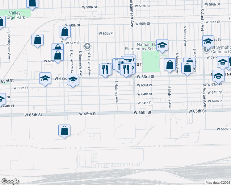 map of restaurants, bars, coffee shops, grocery stores, and more near 6519 West 63rd Place in Chicago