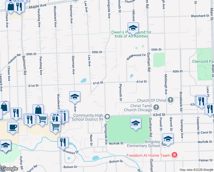 map of restaurants, bars, coffee shops, grocery stores, and more near 1633 61st Street in Downers Grove