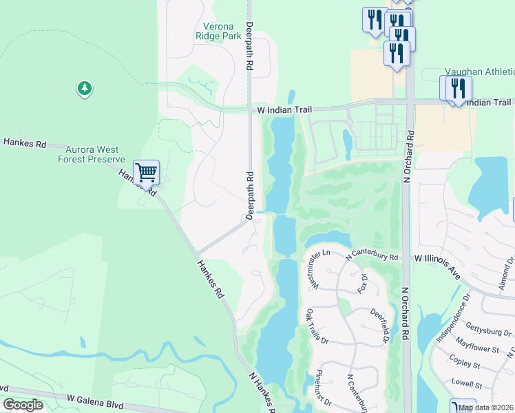 map of restaurants, bars, coffee shops, grocery stores, and more near 931 Deerpath Road in Aurora