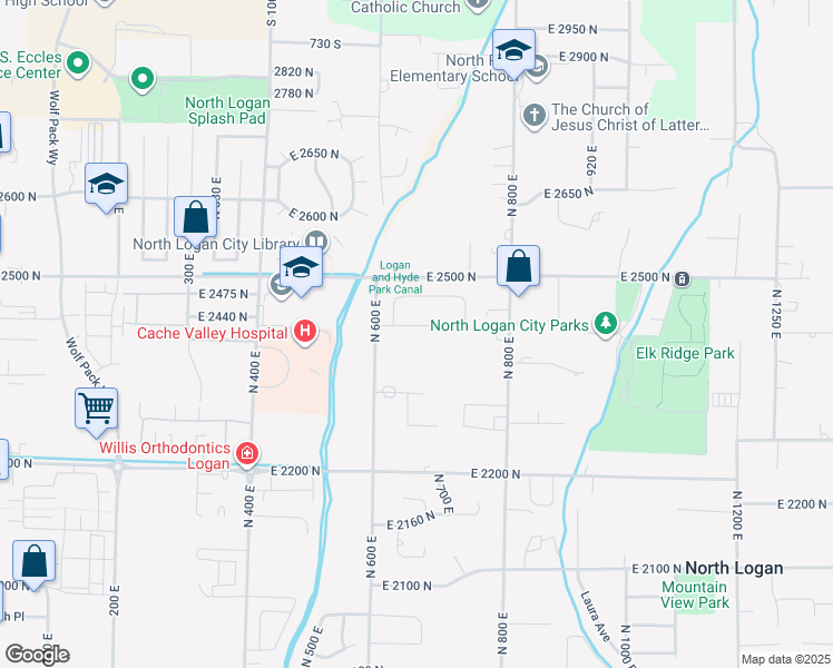 map of restaurants, bars, coffee shops, grocery stores, and more near 650 East 2450 North in North Logan