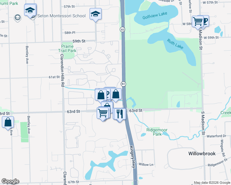map of restaurants, bars, coffee shops, grocery stores, and more near 6106 Knoll Valley Drive in Willowbrook