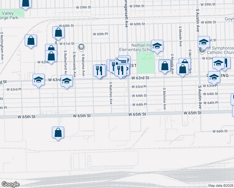 map of restaurants, bars, coffee shops, grocery stores, and more near 6447 West 63rd Place in Chicago