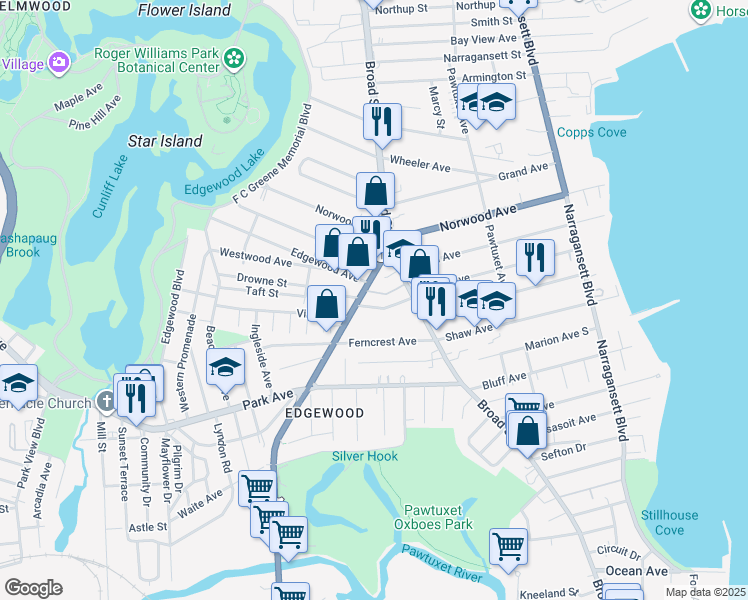 map of restaurants, bars, coffee shops, grocery stores, and more near 12 Graysonia Drive in Cranston