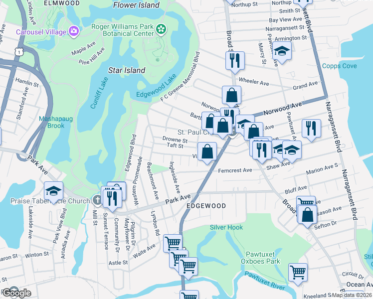 map of restaurants, bars, coffee shops, grocery stores, and more near 11 Taft Street in Cranston
