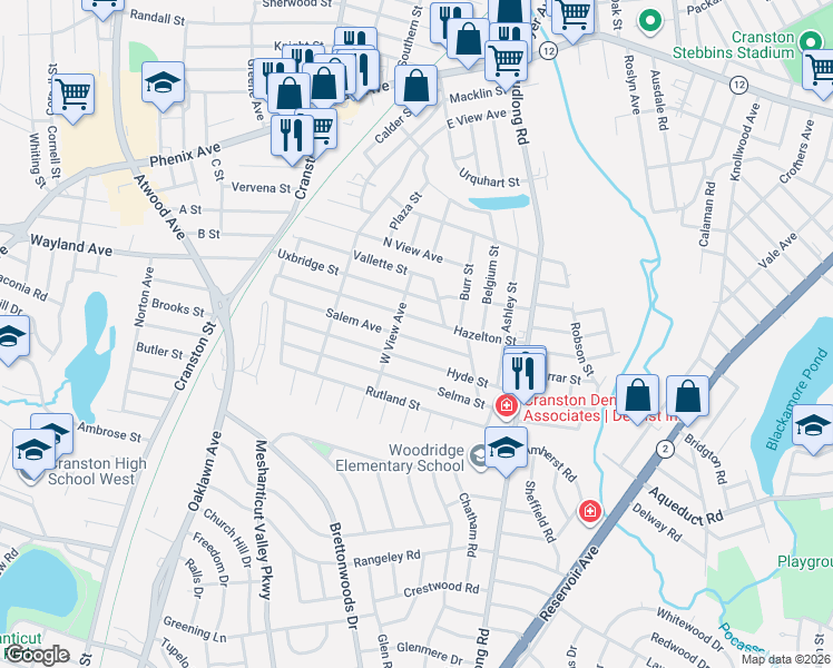 map of restaurants, bars, coffee shops, grocery stores, and more near 114 Hazelton Street in Cranston