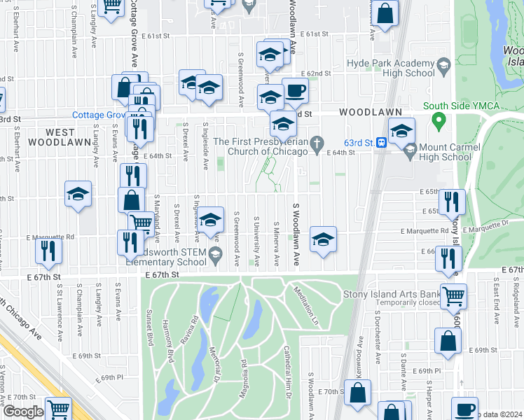 map of restaurants, bars, coffee shops, grocery stores, and more near 6517 South University Avenue in Chicago