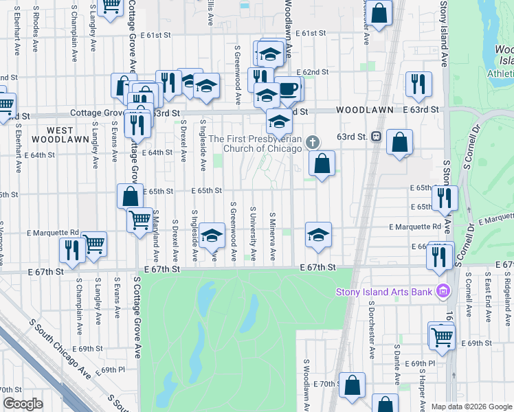 map of restaurants, bars, coffee shops, grocery stores, and more near 6517 South University Avenue in Chicago