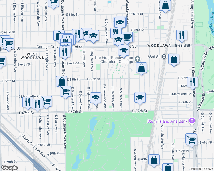 map of restaurants, bars, coffee shops, grocery stores, and more near 6506 South Greenwood Avenue in Chicago