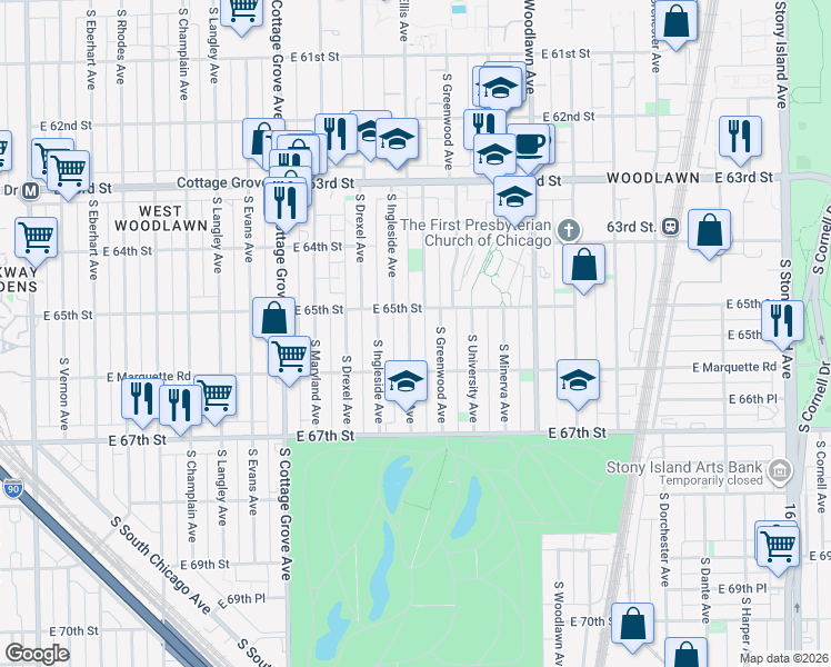 map of restaurants, bars, coffee shops, grocery stores, and more near 6523 South Ellis Avenue in Chicago