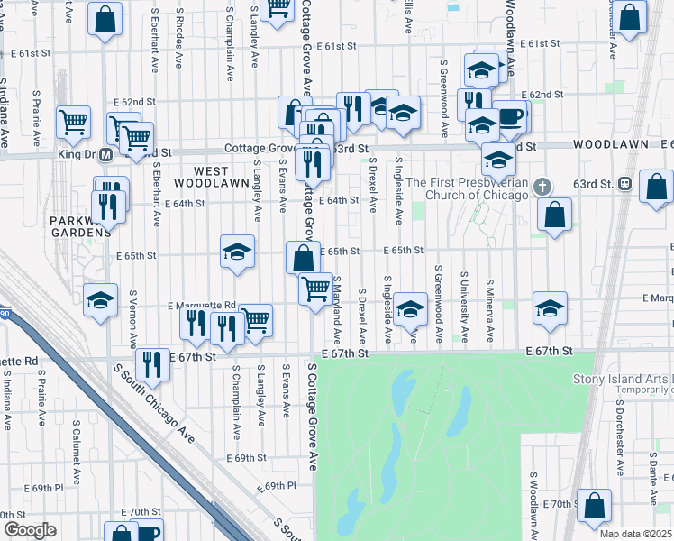 map of restaurants, bars, coffee shops, grocery stores, and more near 6509 South Maryland Avenue in Chicago