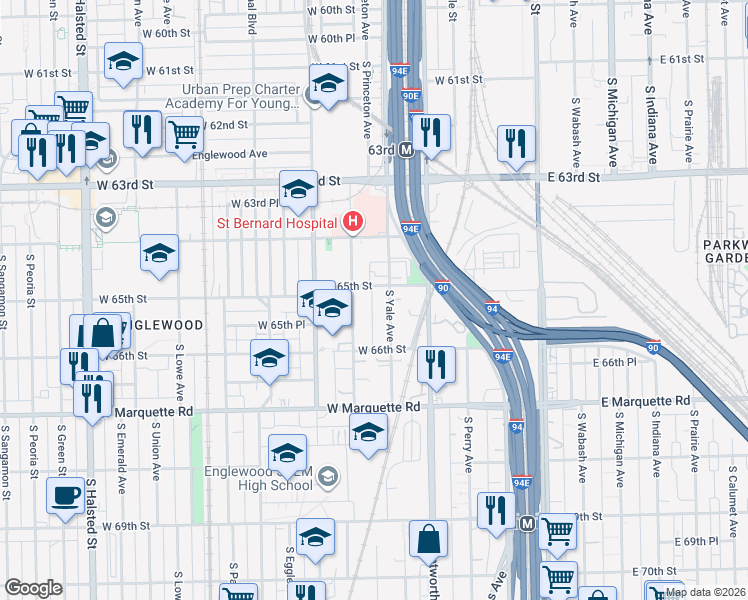 map of restaurants, bars, coffee shops, grocery stores, and more near 6501 South Harvard Avenue in Chicago