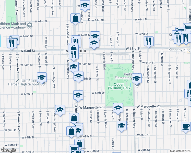 map of restaurants, bars, coffee shops, grocery stores, and more near 6439 South Laflin Street in Chicago