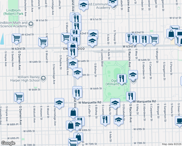 map of restaurants, bars, coffee shops, grocery stores, and more near 6439 South Laflin Street in Chicago