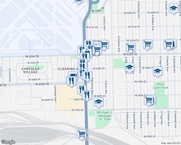 map of restaurants, bars, coffee shops, grocery stores, and more near 6404 South Keating Avenue in Chicago